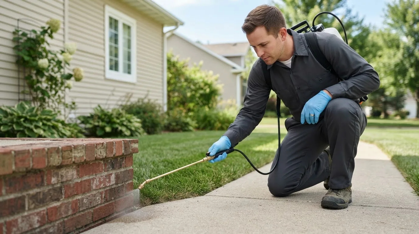 Pest control technician treating a home near Wakefield, MI