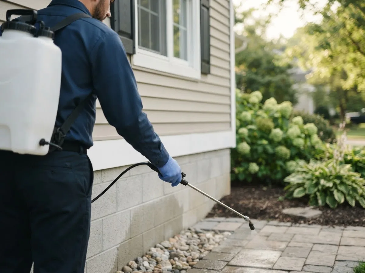 Pest control technician inspecting a home in Wakefield, MI